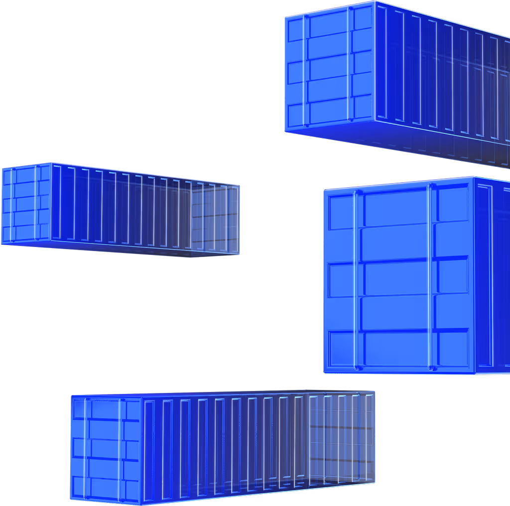 Four translucent blue 3D shipping containers floating on a black background.