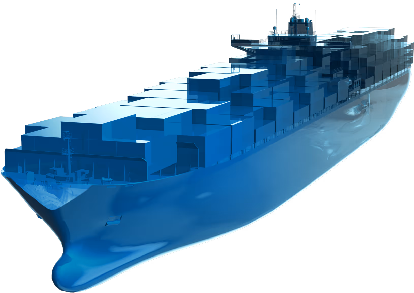 Blue translucent 3D model of a cargo container ship loaded with stacked containers.