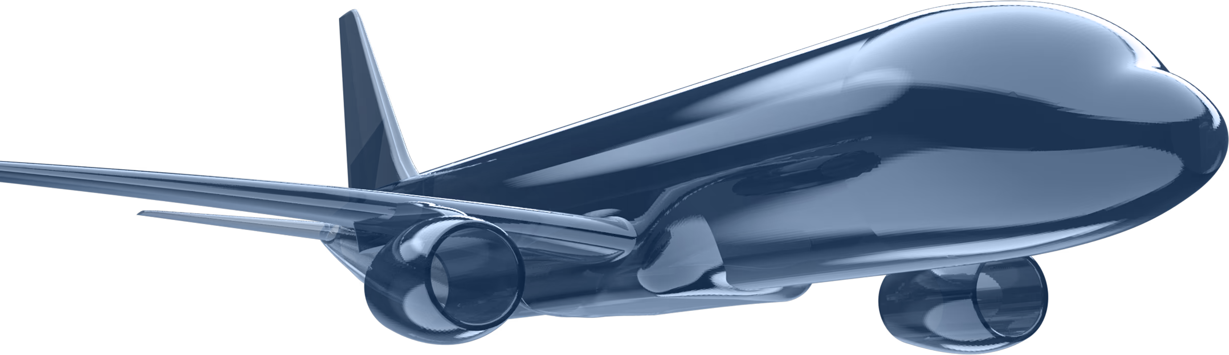 Blue translucent 3D rendering of a commercial airplane from front left side angle.