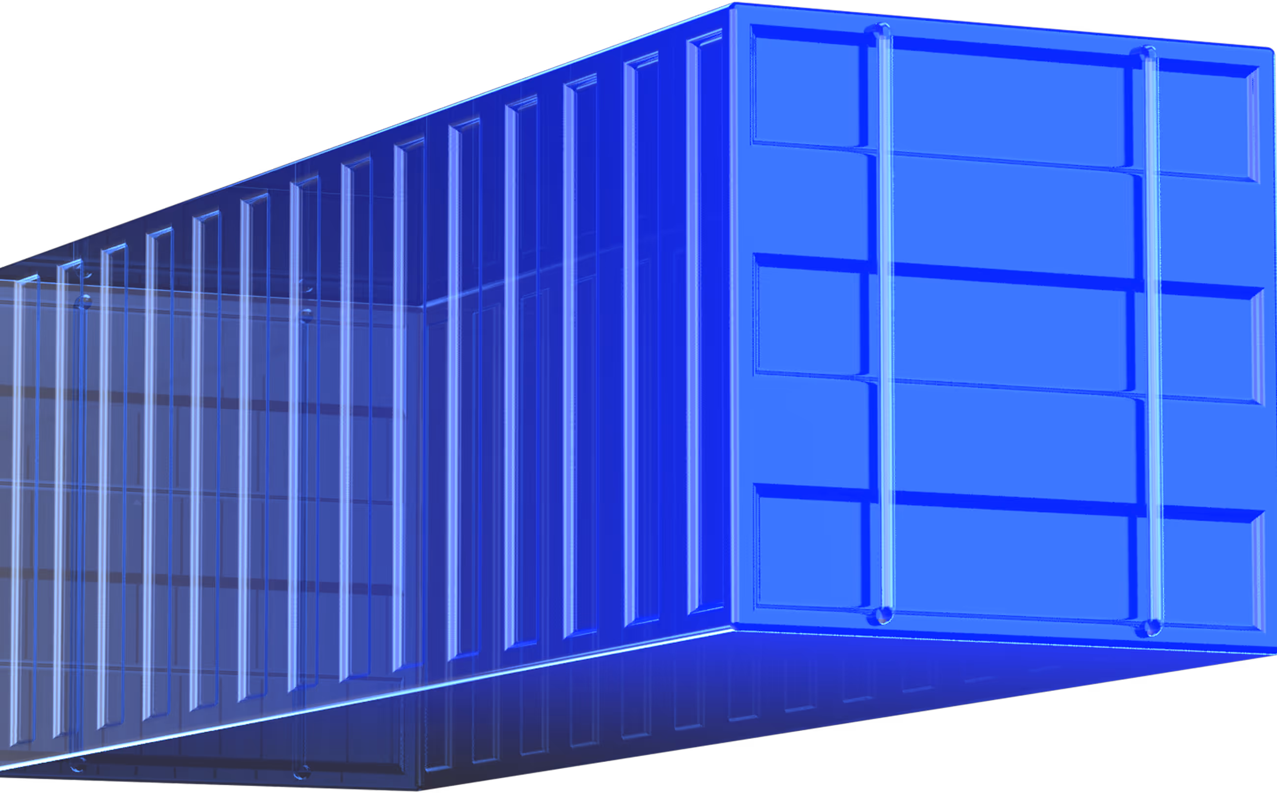 3D semi-transparent blue shipping container floating on black background.