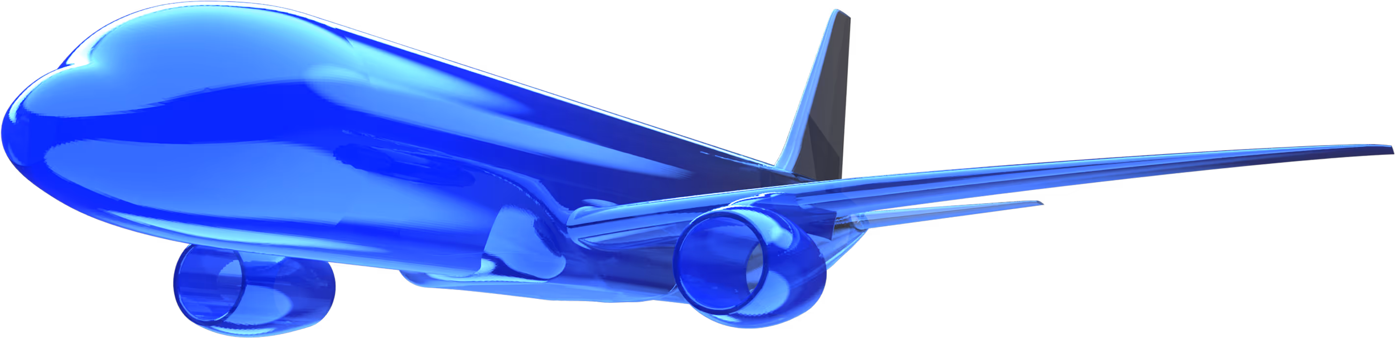 Blue translucent airplane model viewed from the front-left with visible engines and wings.