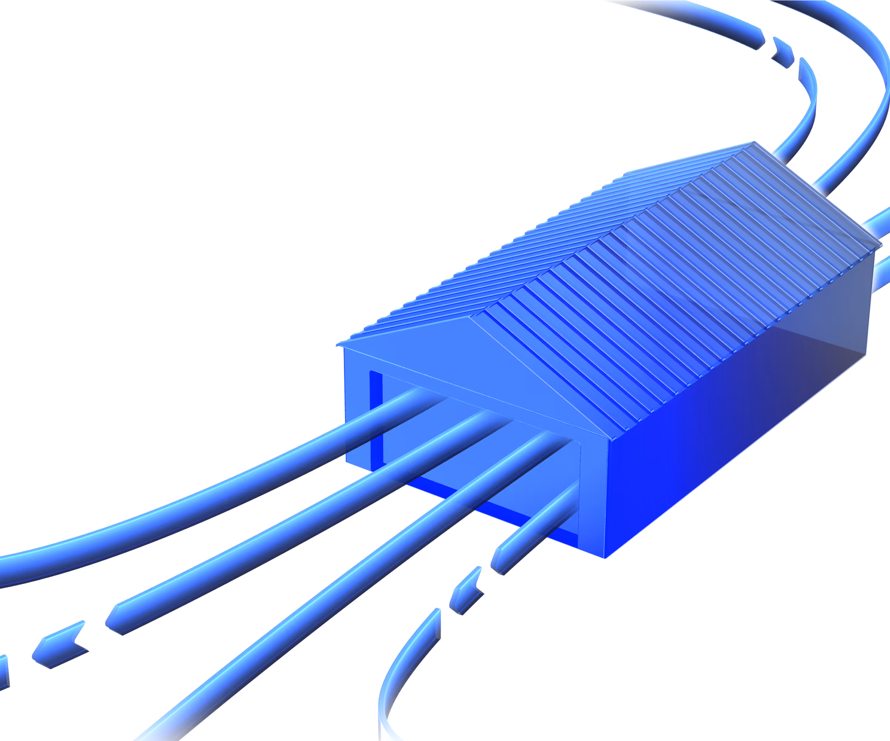 Blue 3D schematic of a tunnel with railway tracks curving through it on a black background.