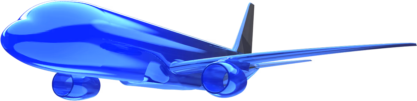 Transparent blue 3D model of a commercial jet airplane viewed from the front-left side.