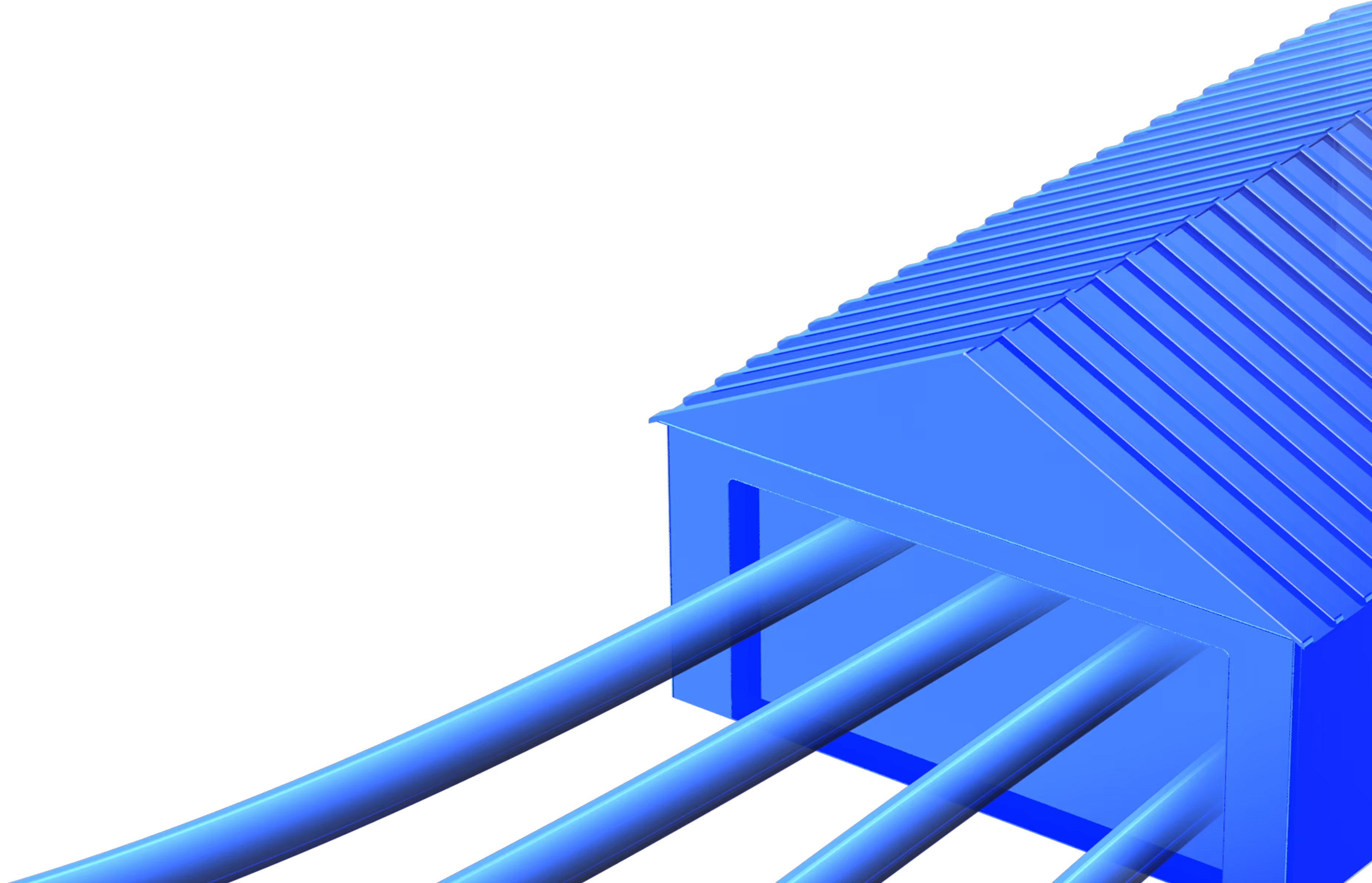 Blue house-shaped structure with four large blue cables extending from it on a black background.