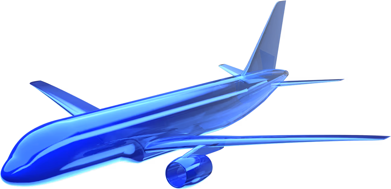Blue translucent 3D airplane model with wings, tail, and engine visible against black background.