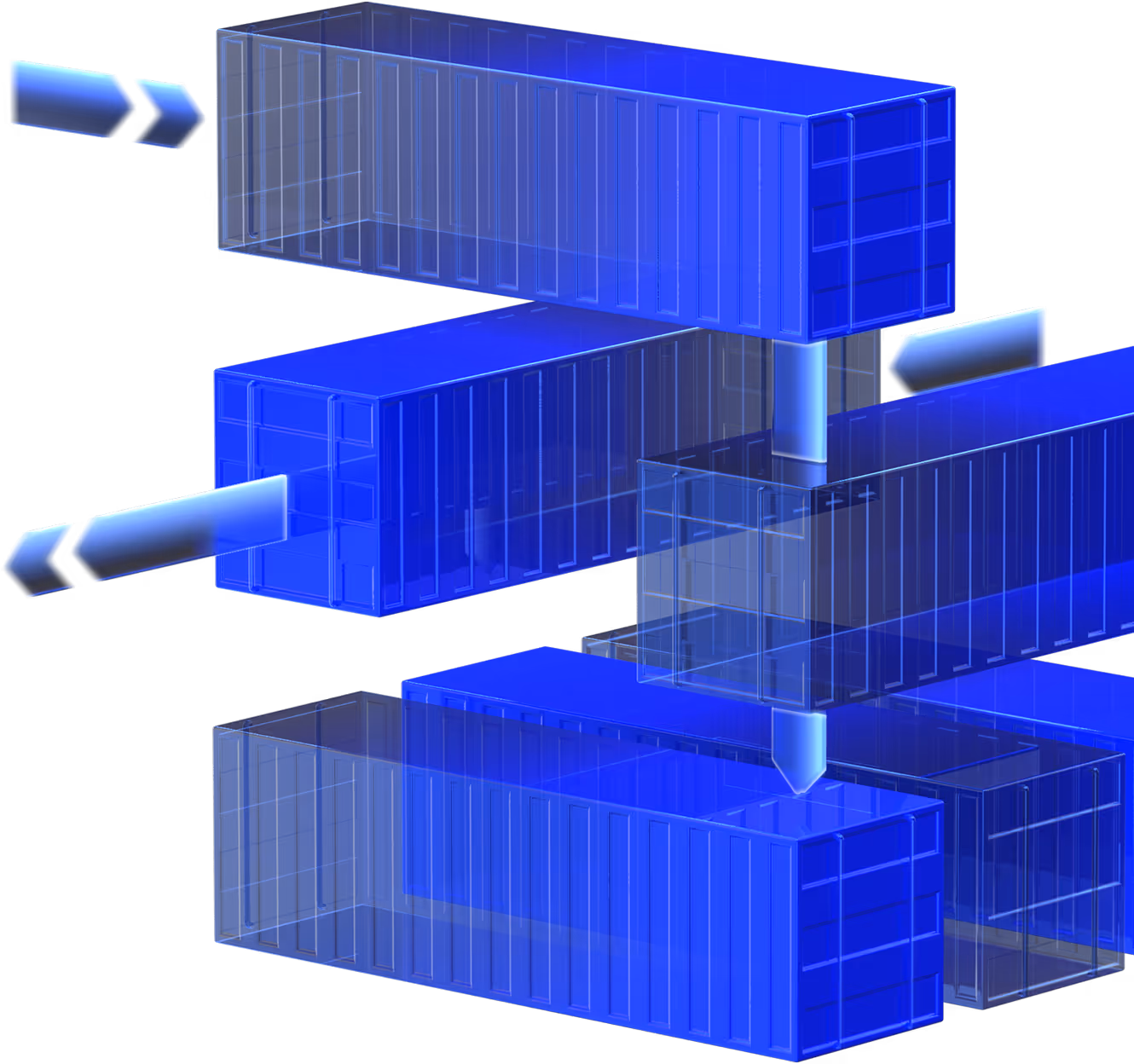 Three stacked blue transparent shipping containers with arrows showing horizontal and vertical movement.