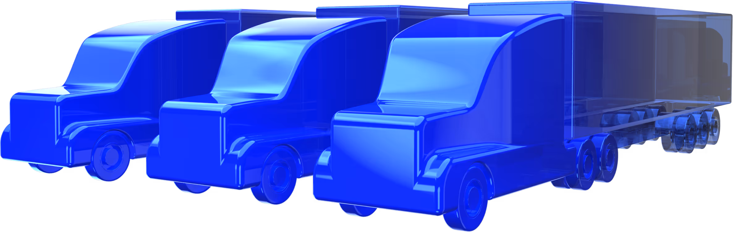 Three blue translucent semi-trailer trucks side by side on a white background.