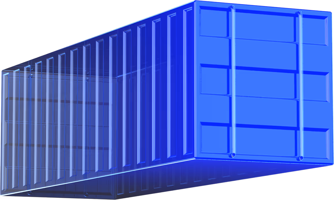 Blue translucent 3D shipping container angled with visible side and closed end door.