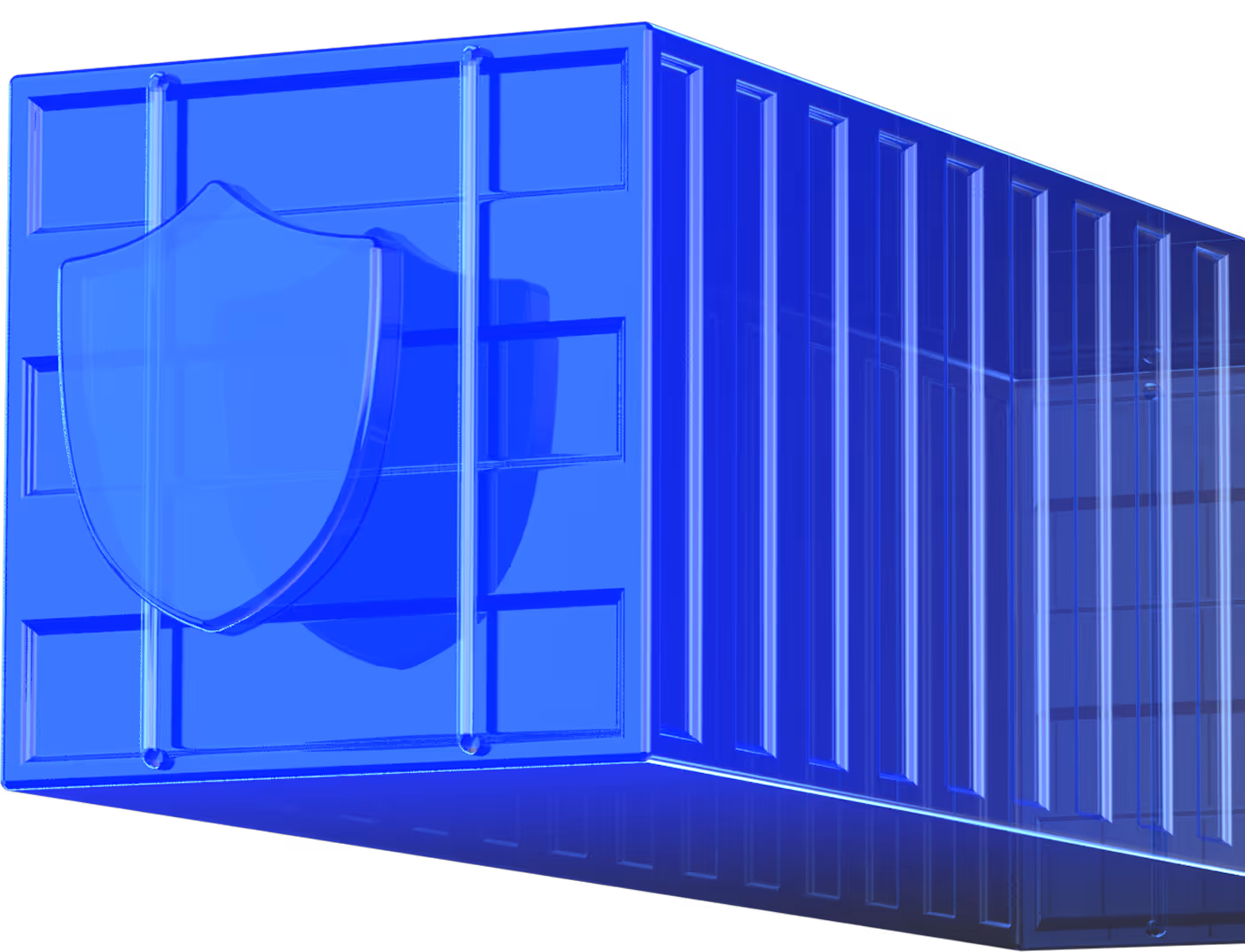 Blue transparent shipping container with a shield symbol on the front side.