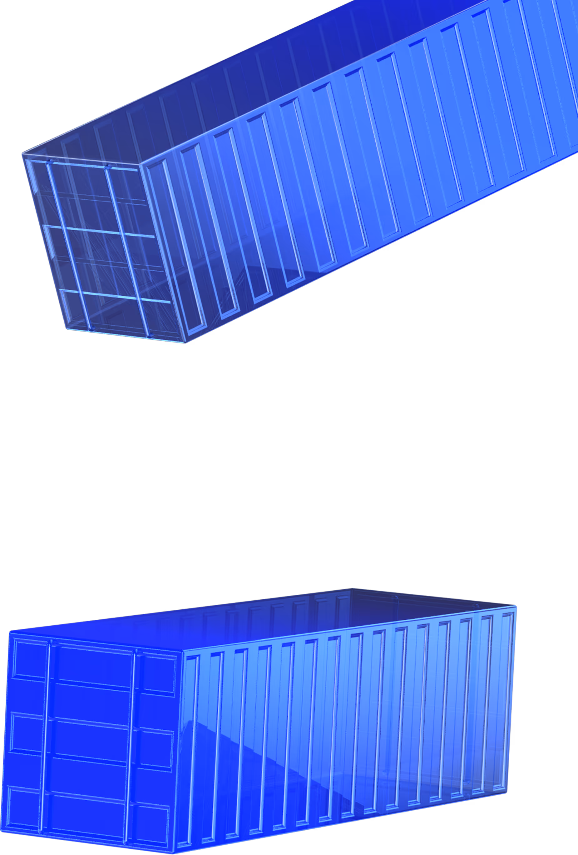 Two translucent blue shipping containers, one tilted above the other on a black background.