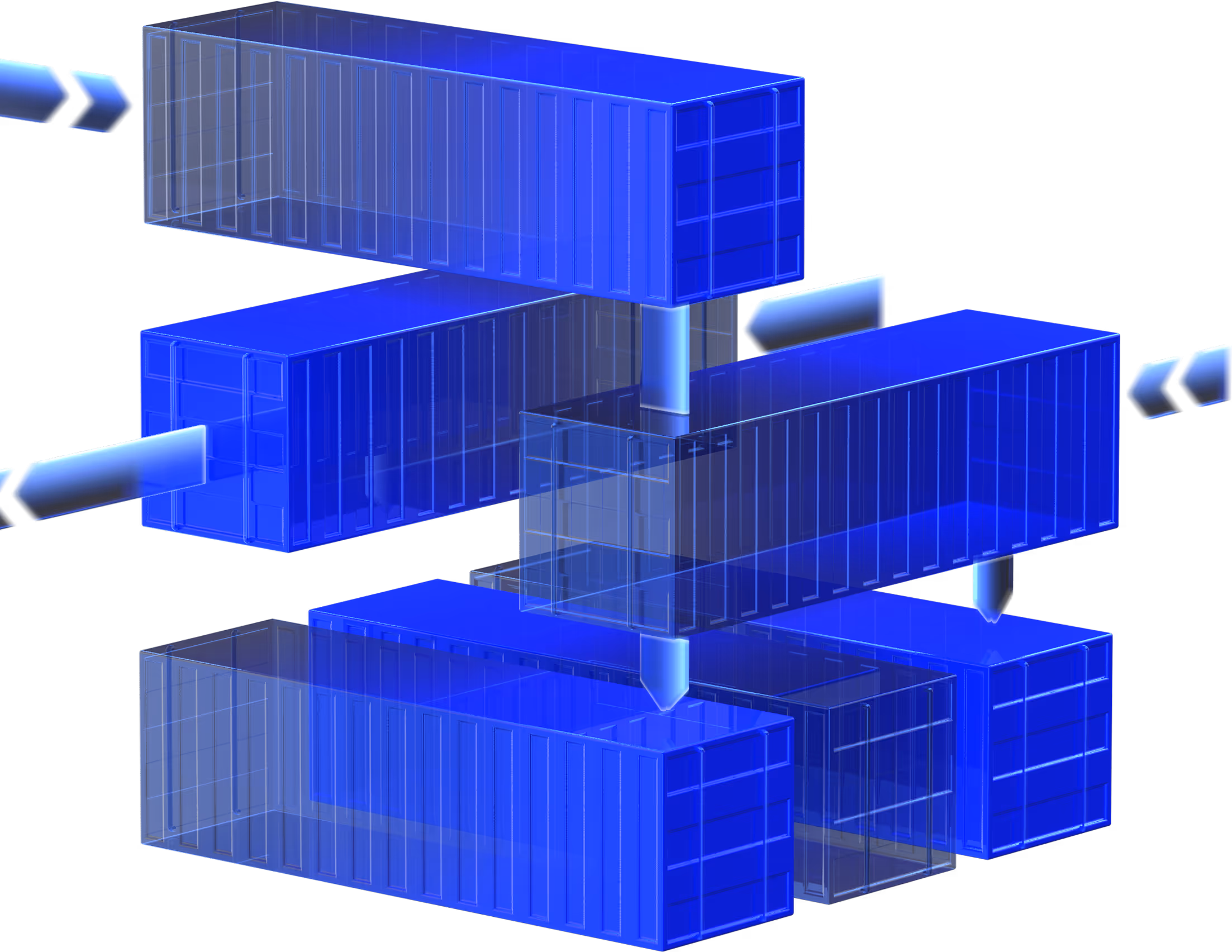 Transparent blue shipping containers interconnected with directional arrows on black background.