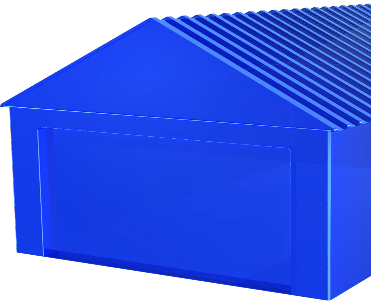 3D model of a blue garage with a pitched roof and an open garage door.