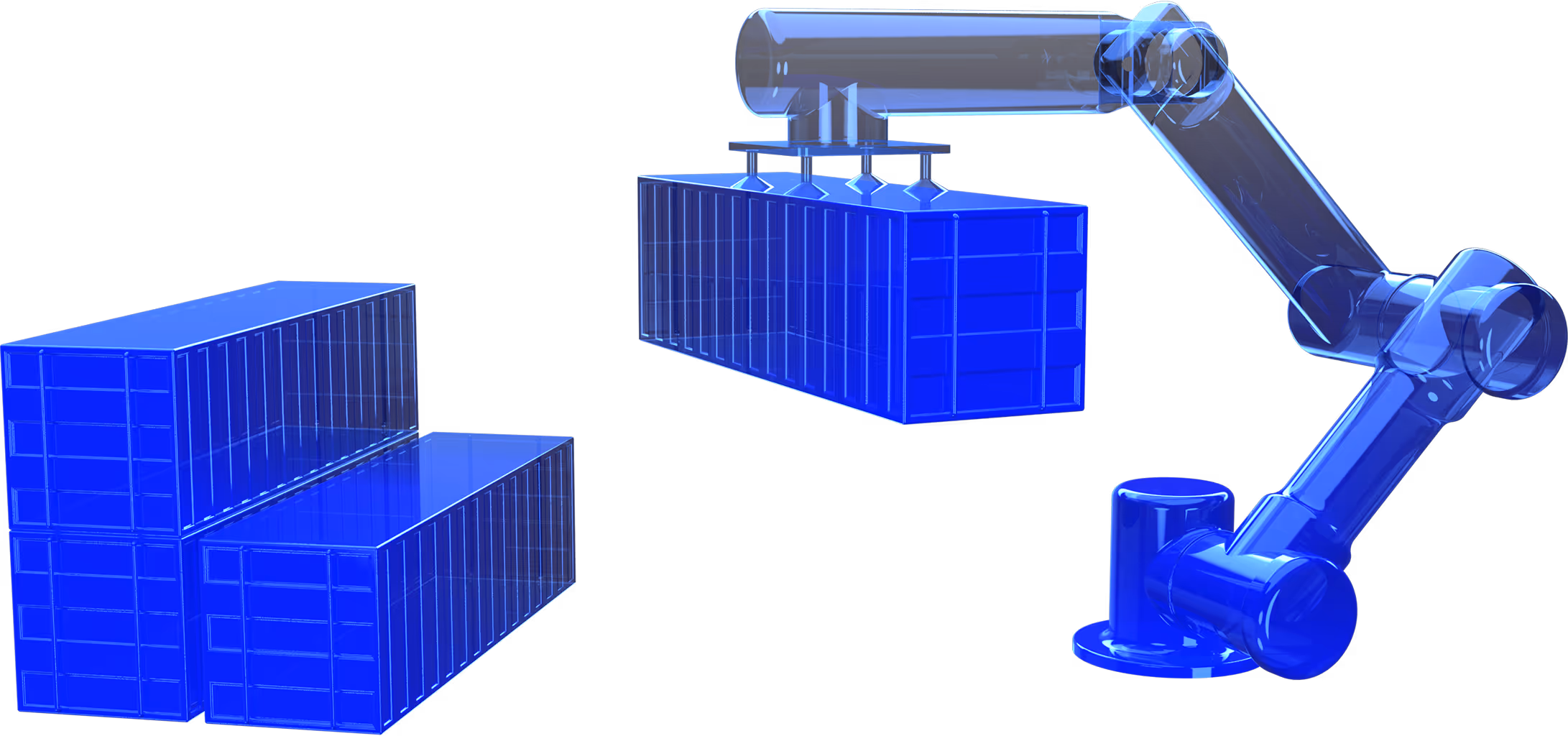 Blue transparent robotic arm lifting a blue shipping container near stacked containers.