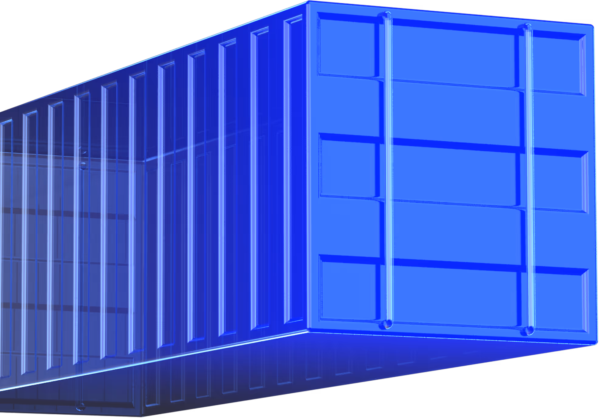 Transparent blue 3D cargo shipping container viewed from a corner angle on black background.