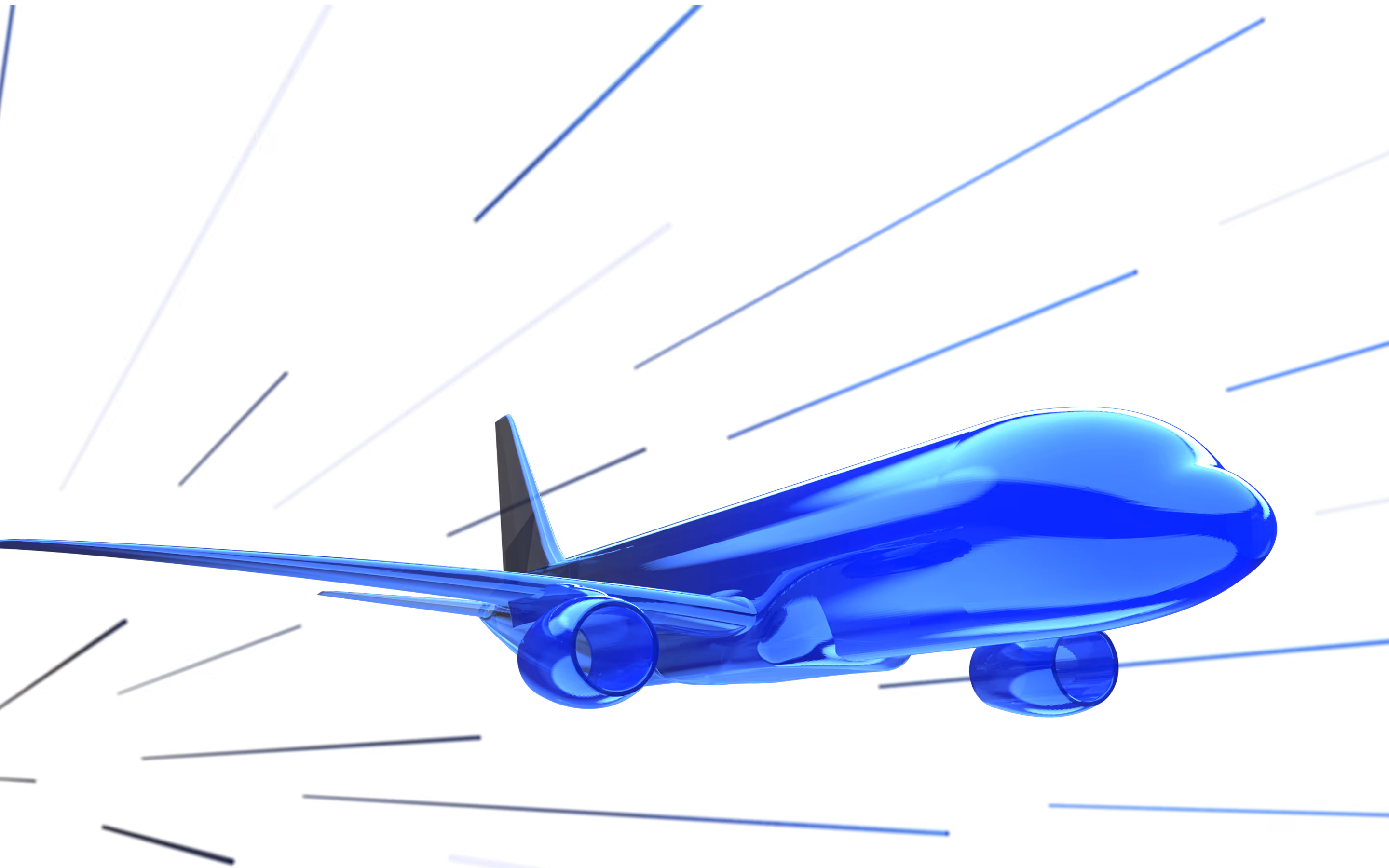 Blue translucent airplane model flying forward with streaks of light in the background.