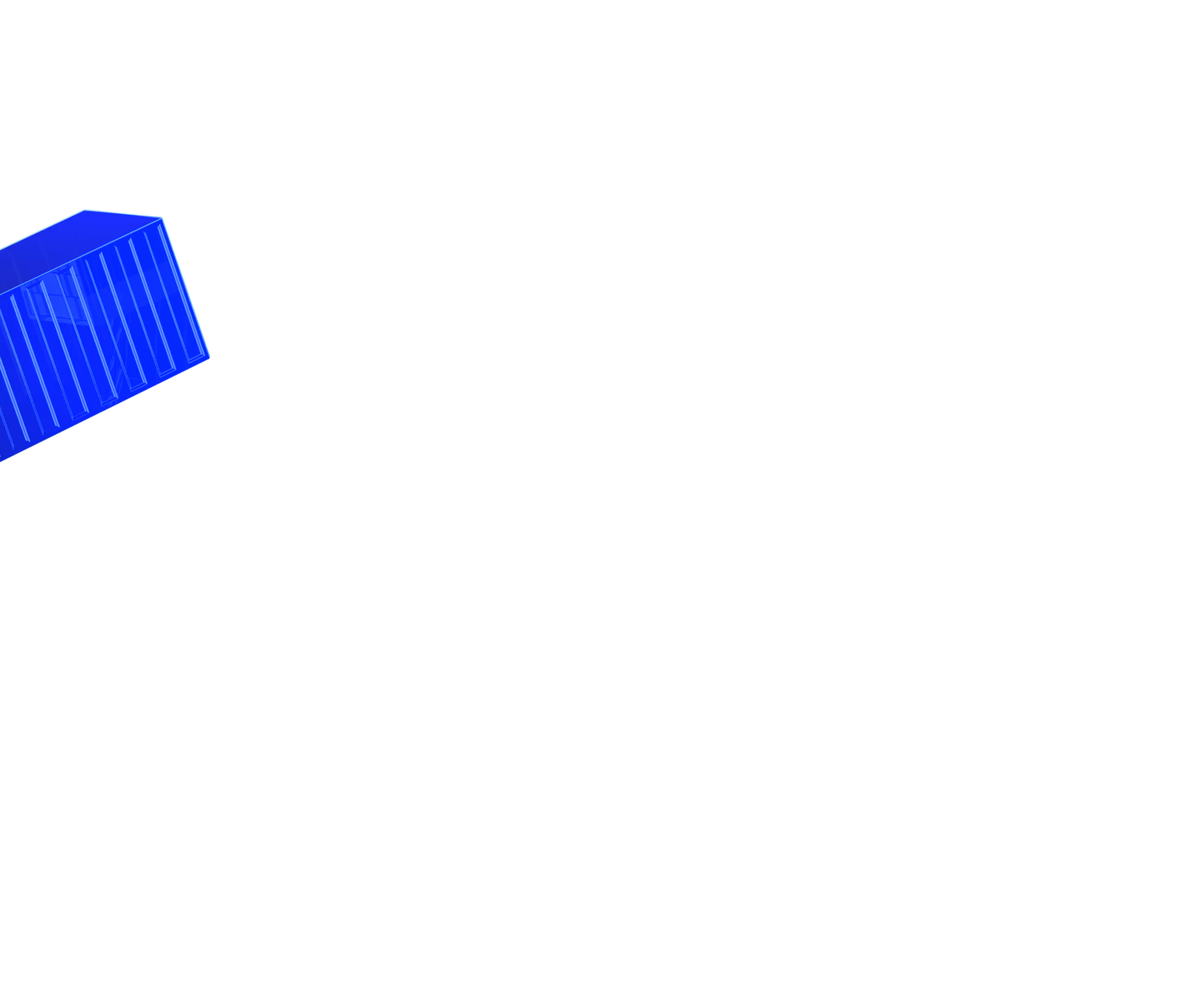 Stylized blue 3D cargo container atop black background, representing logistics or shipping.