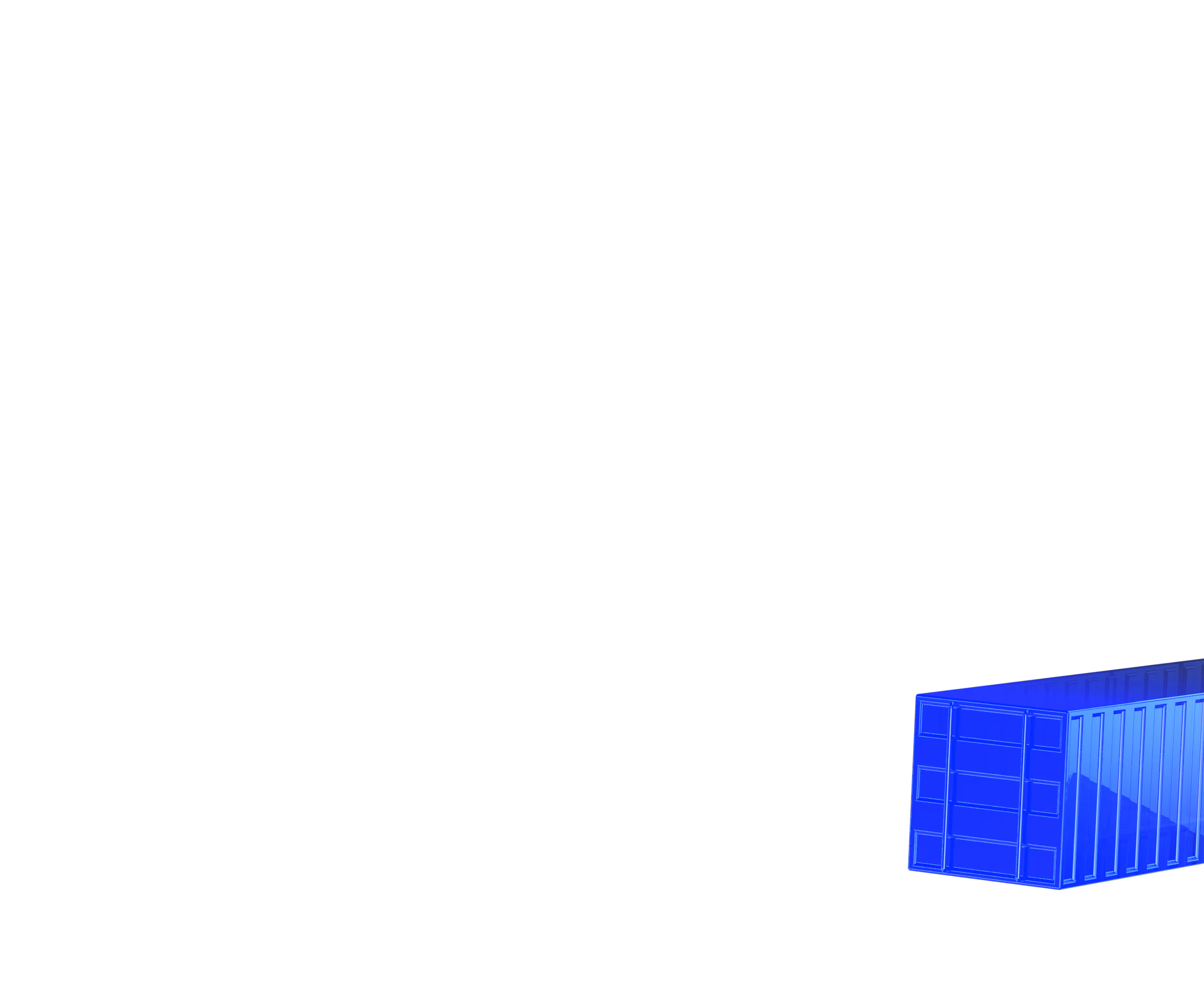 Blueprint style illustration of a blue cargo shipping container viewed from an angled rear side.