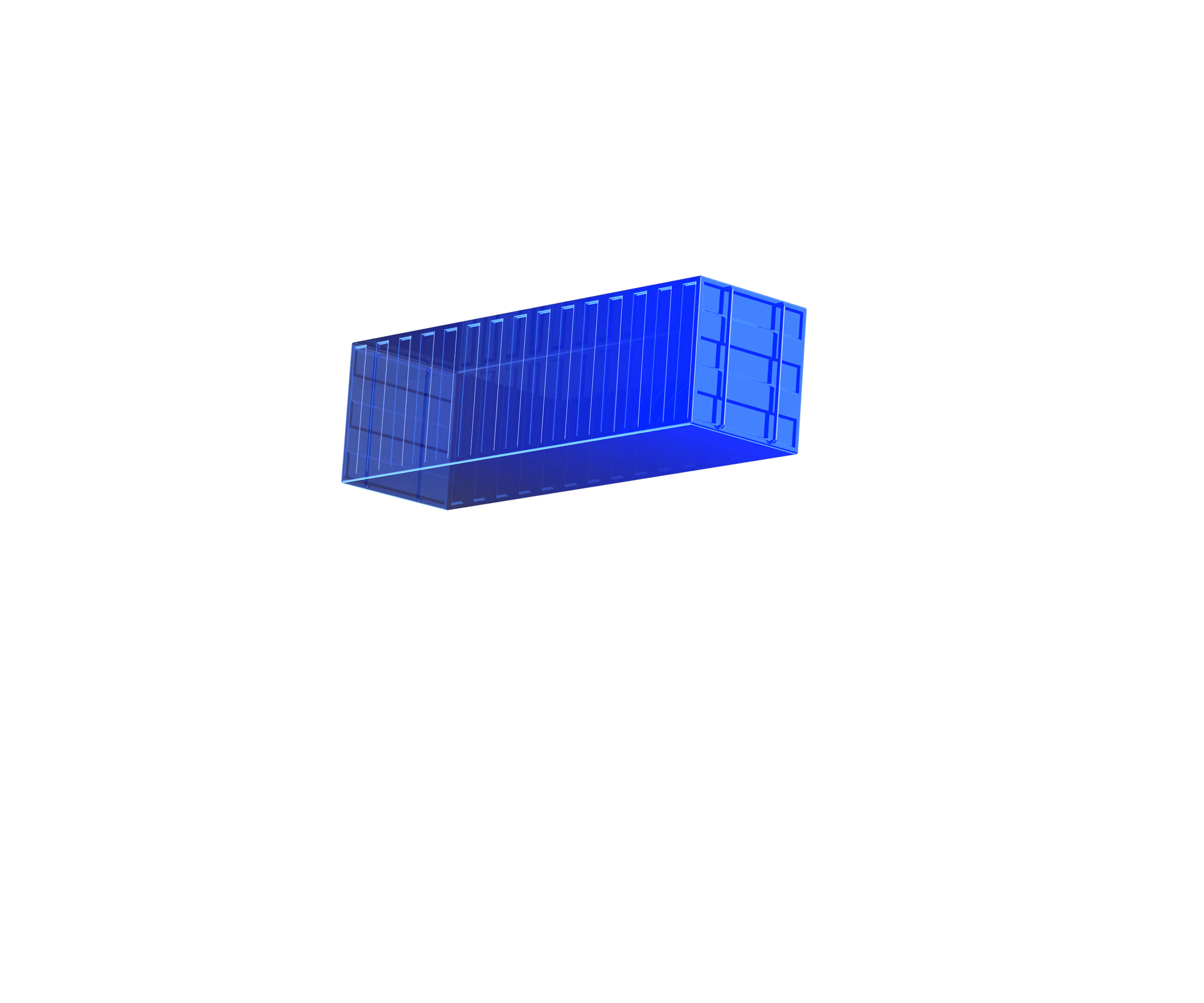 Glowing blue transparent 3D shipping container on a black background.