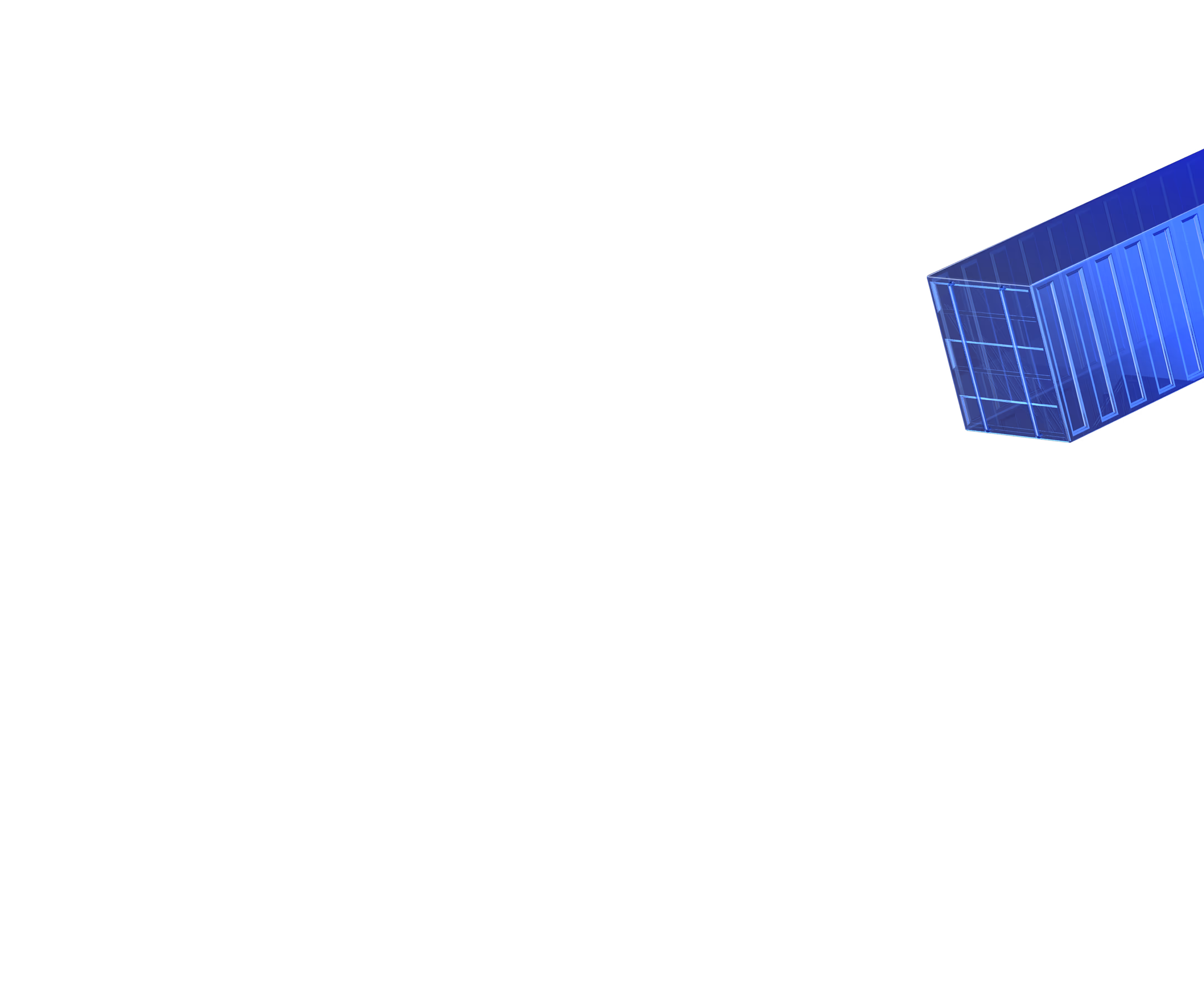 Blue transparent 3D cargo shipping container against a black background.