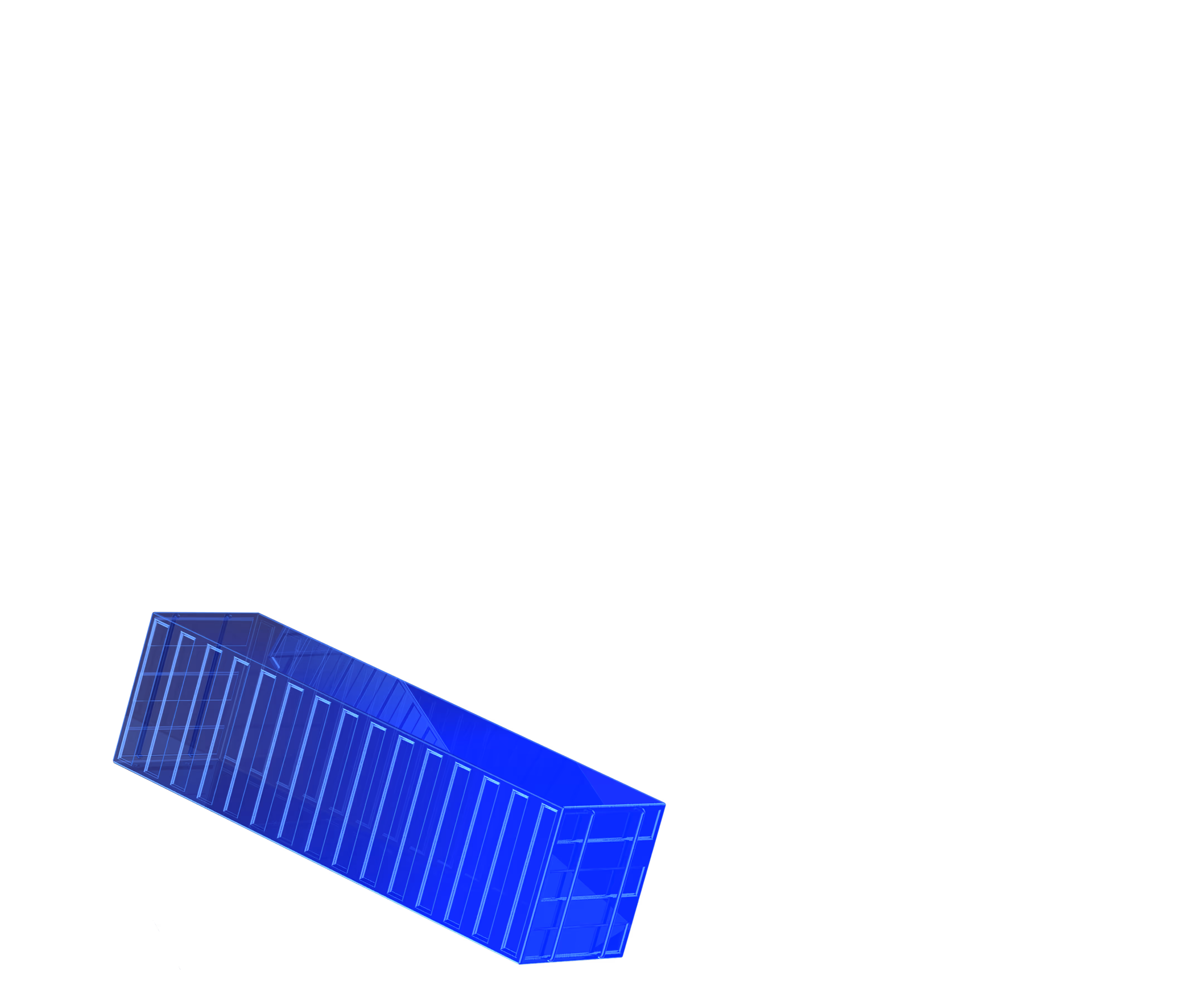 Digital 3D illustration of a blue transparent shipping container tilted at an angle on a black background.