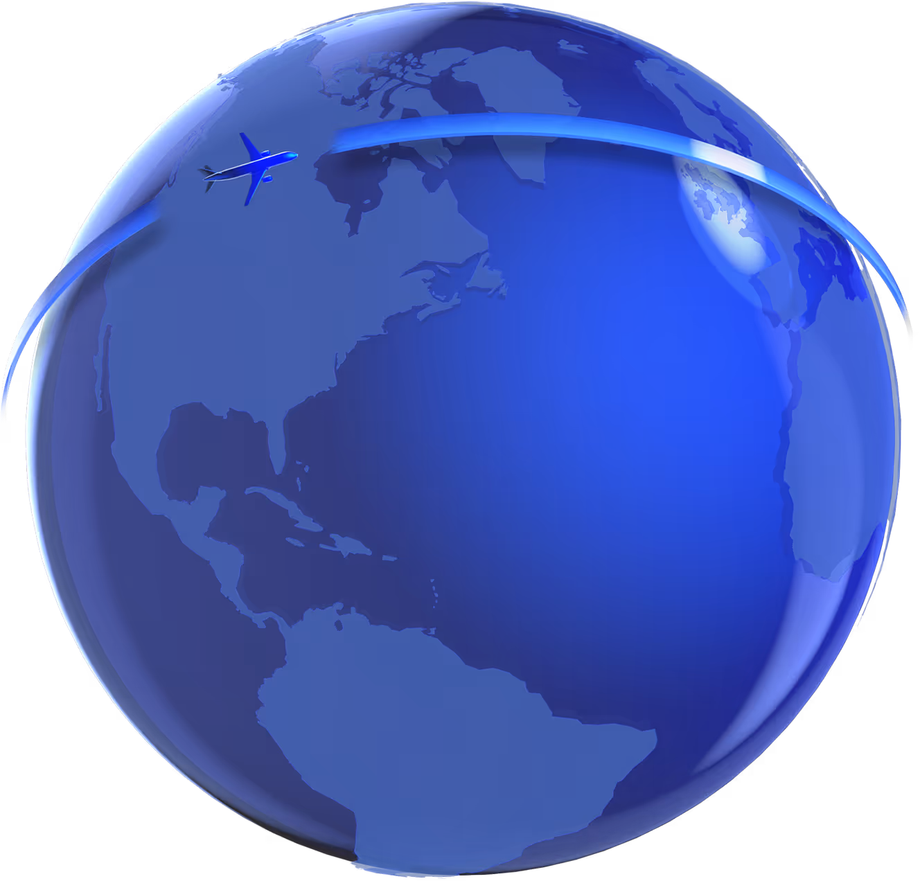 Blue globe showing North and South America with an airplane flying over the North Atlantic Ocean, tracing a flight path from North America to Europe.