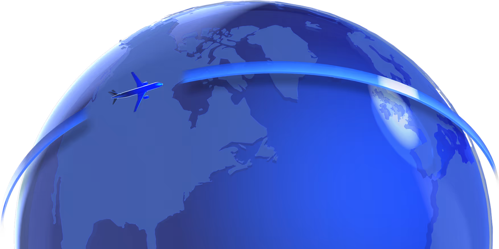 Blue globe showing the northern hemisphere with a stylized airplane flying across the Atlantic Ocean from North America towards Europe.