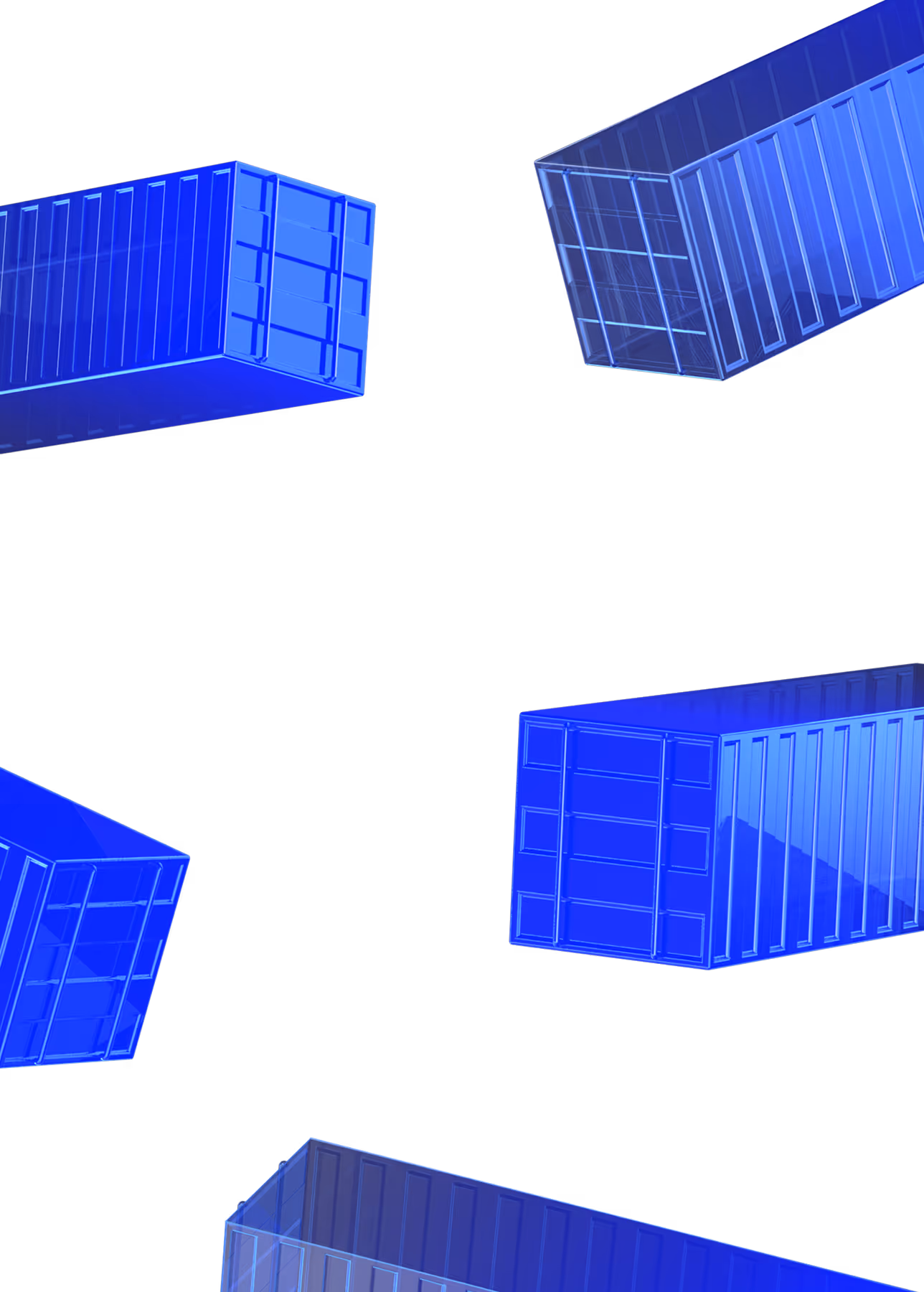 Five translucent blue shipping containers floating against a black background.