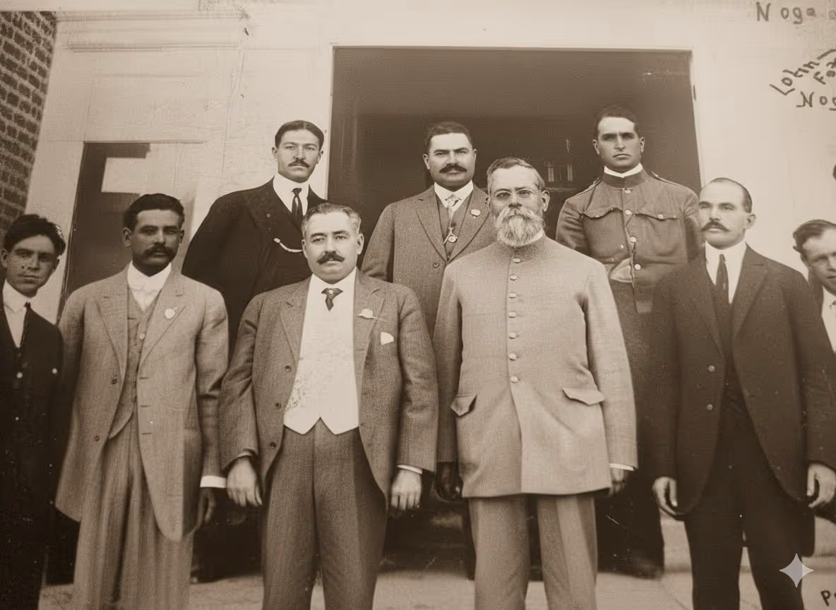 Group of men in early 1900s formal and military attire standing outside a building entrance.