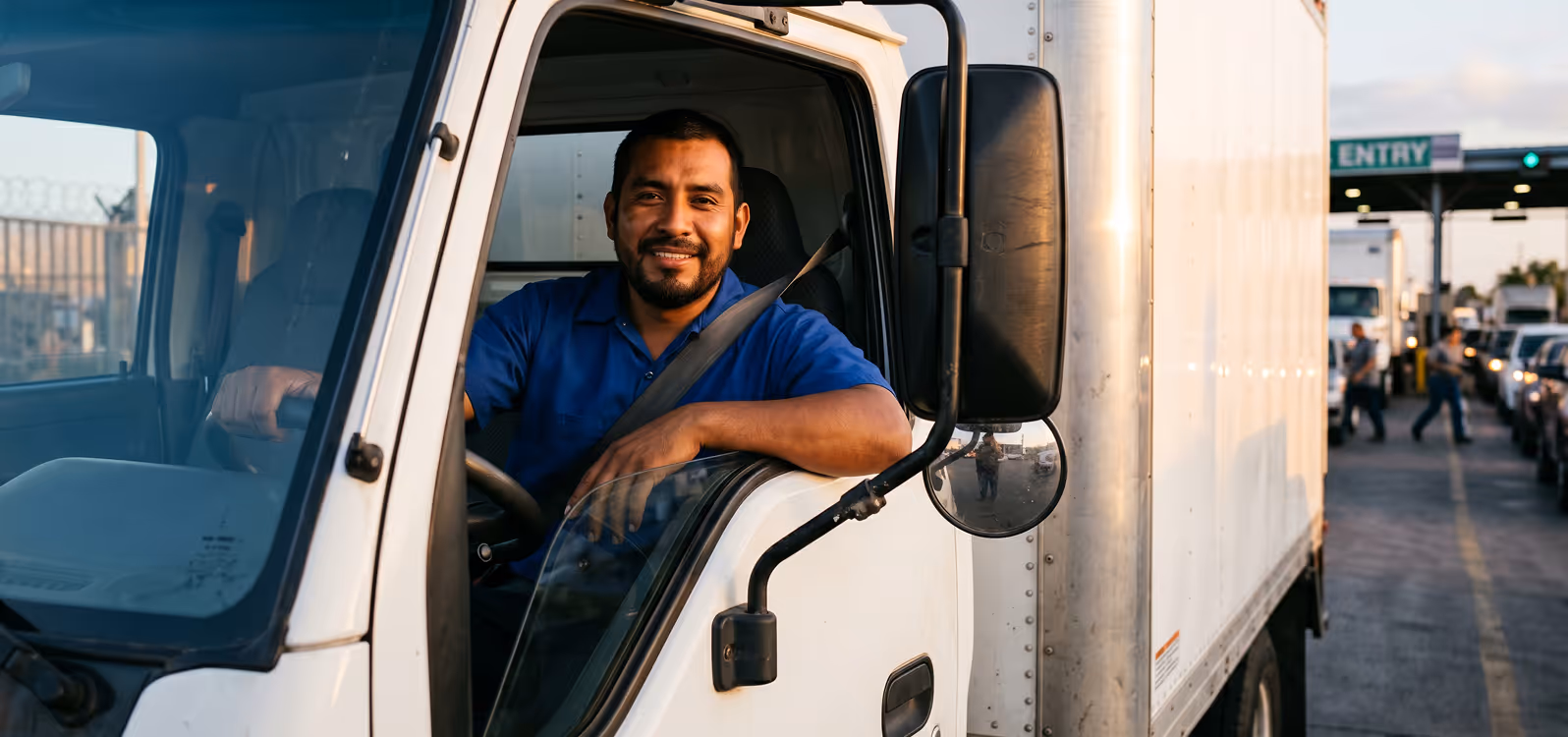 Smiling delivery driver in blue shirt sitting inside a white delivery truck at an entrance.