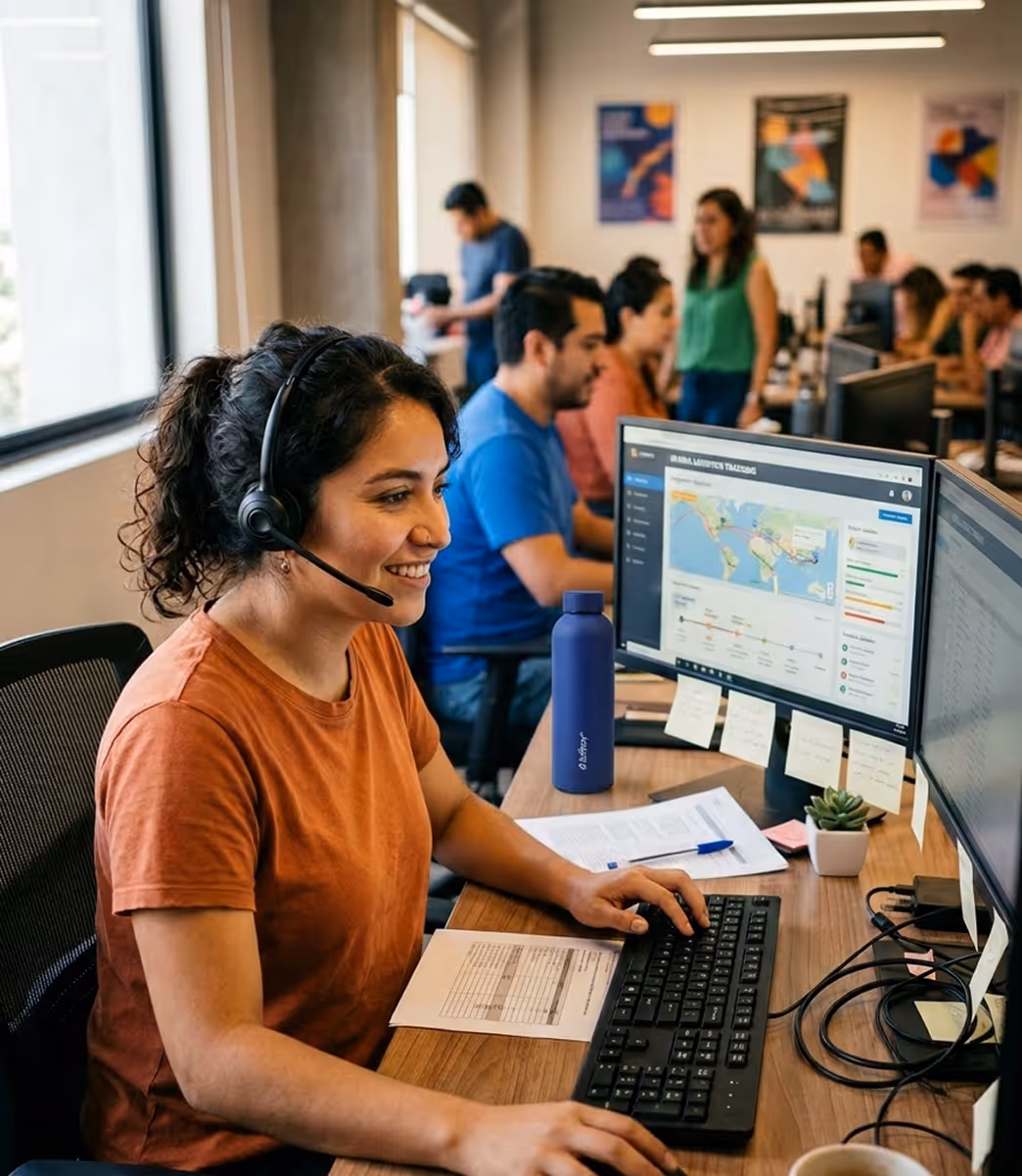 Smiling woman wearing headset working on computer in busy open office with coworkers in background.