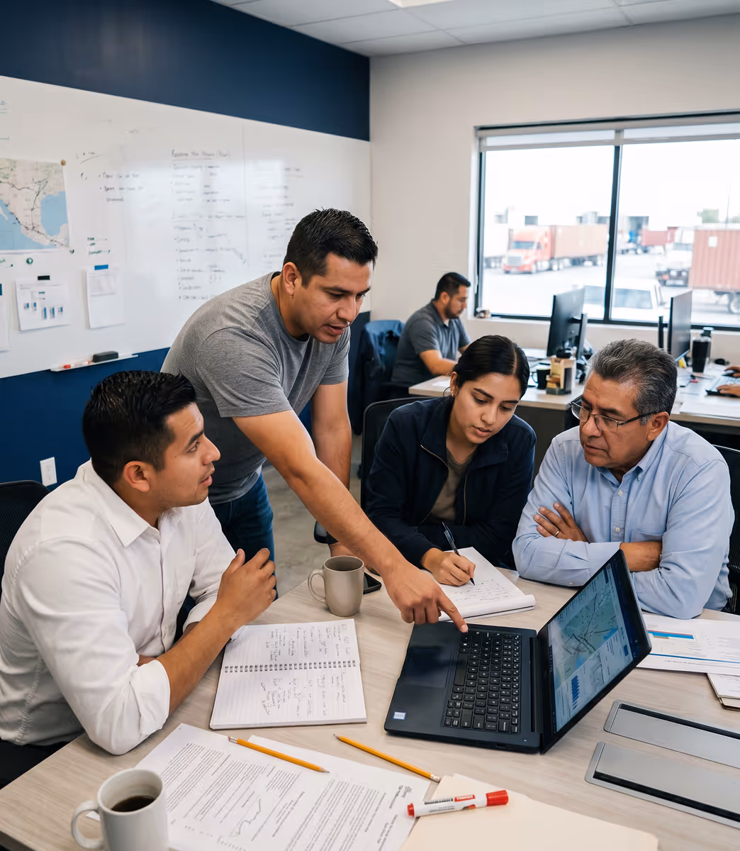 Four coworkers discuss data on a laptop at an office table with notes and coffee mugs.