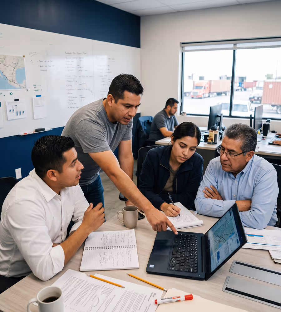 Four coworkers gathered around a desk, one pointing at a laptop screen during a discussion.