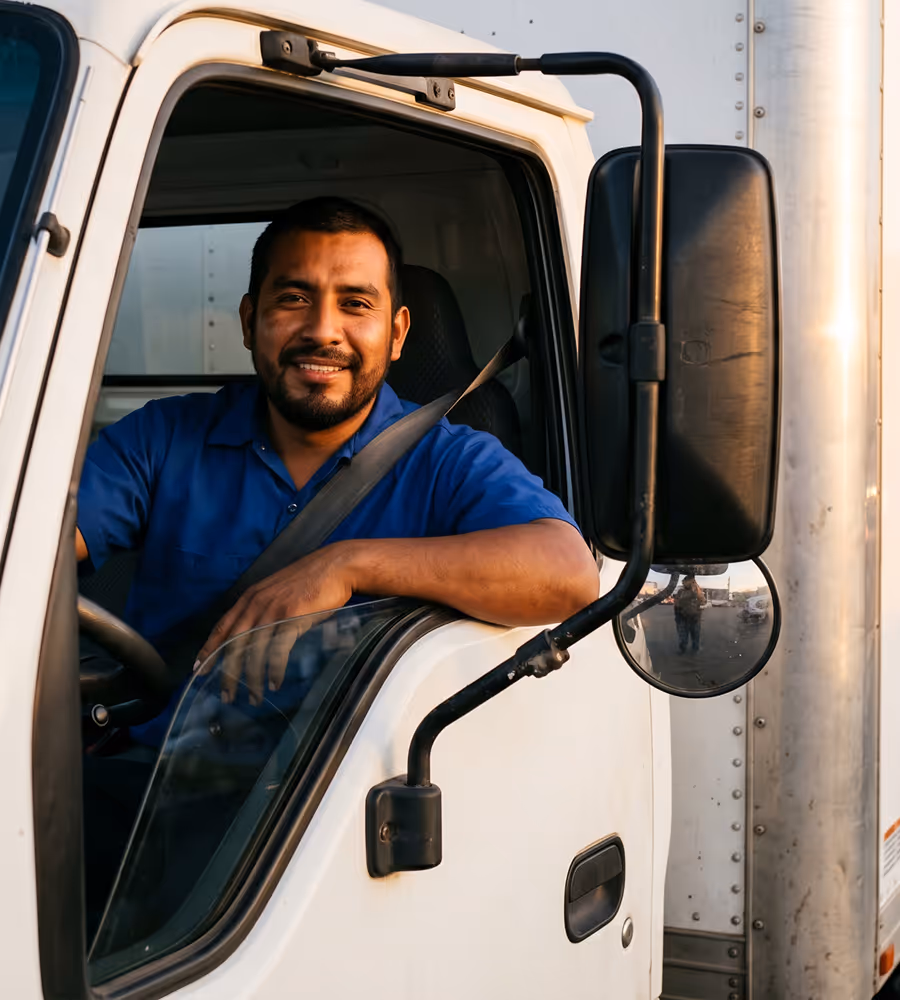 Smiling man wearing blue shirt sitting in driver's seat of white truck with seatbelt on.