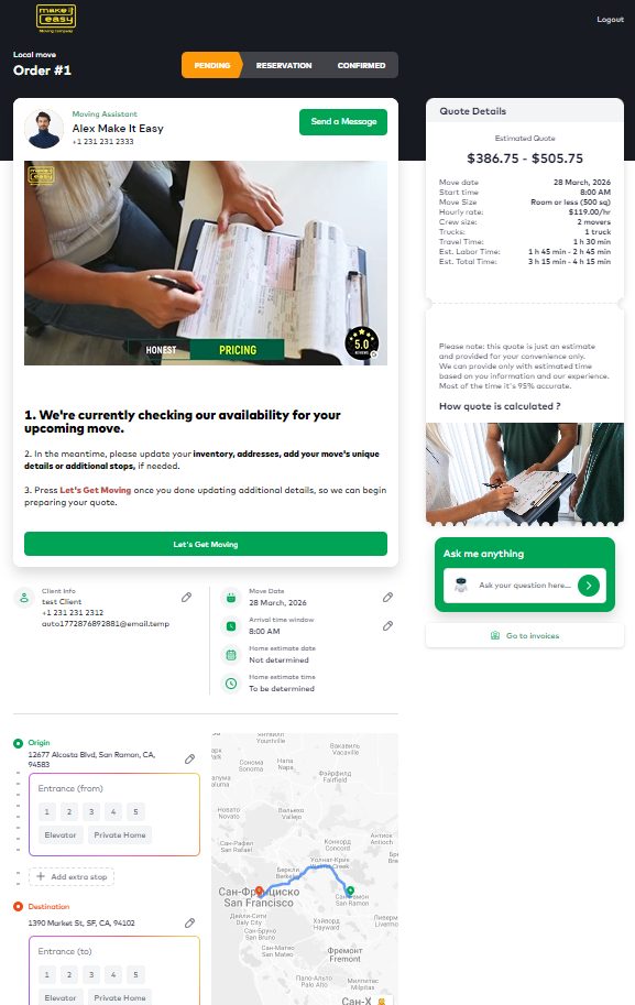 orange square movers customer's account page