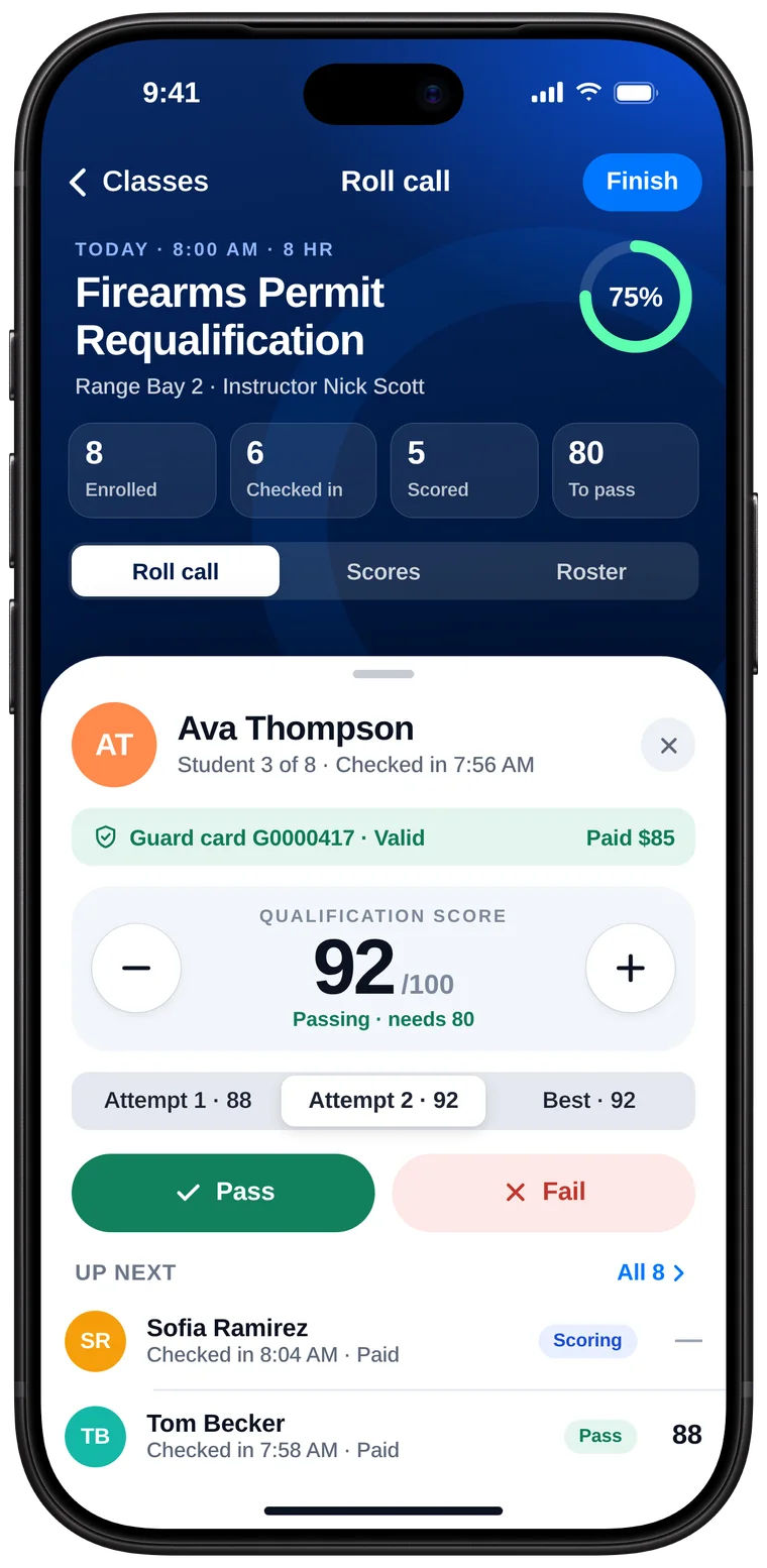 CertDuty roll call on iPhone with students checked in