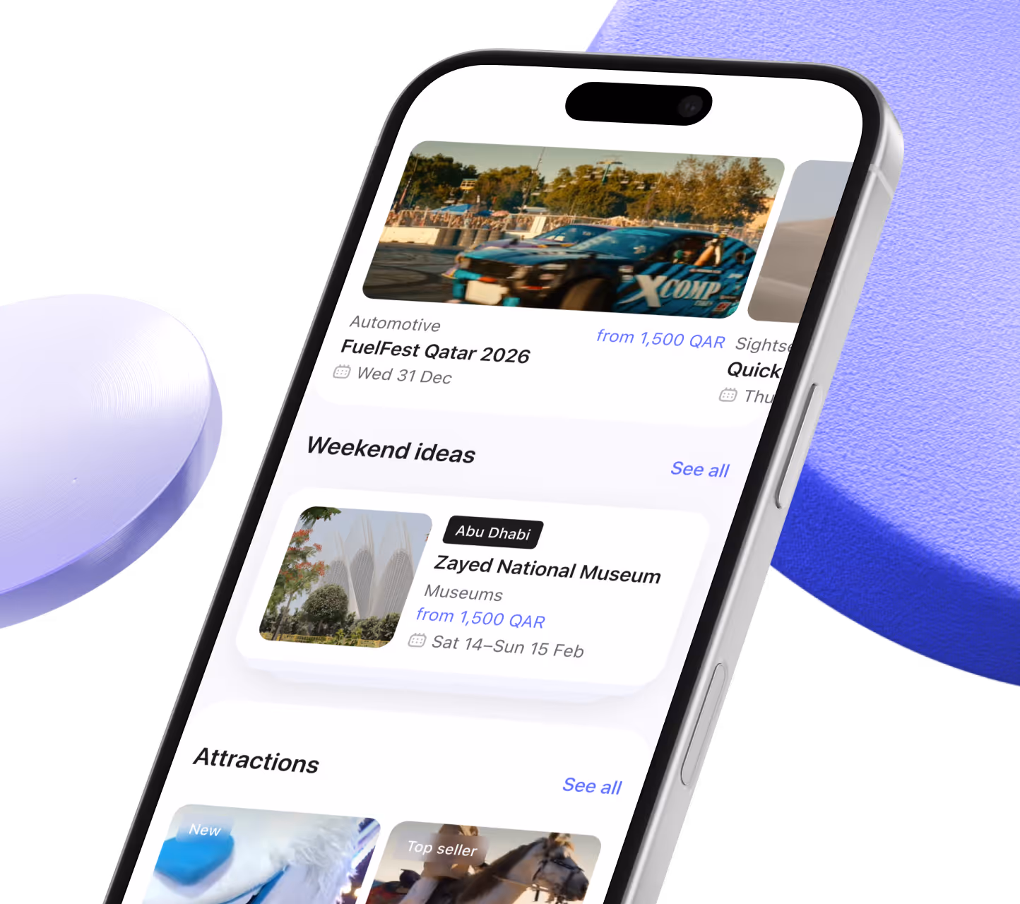 Smartphone screen showing event listings including FuelFest Qatar 2026 and Zayed National Museum weekend ideas with prices from 1,500 QAR.