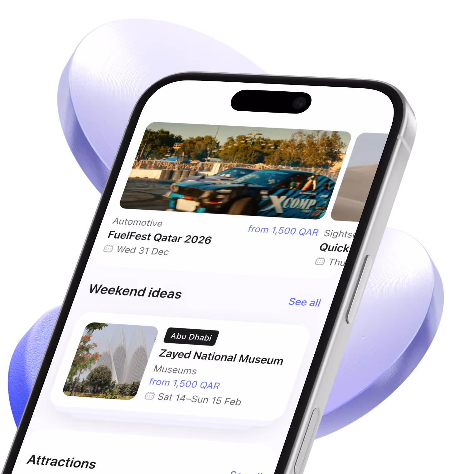 Smartphone screen showing event listings including FuelFest Qatar 2026 and Zayed National Museum weekend ideas with prices from 1,500 QAR.