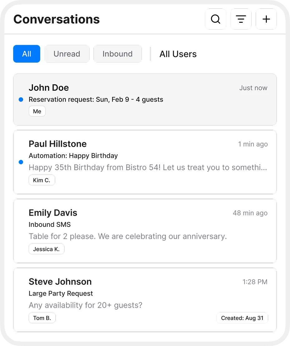 Chat interface titled Conversations showing messages from John Doe, Paul Hillstone, Emily Davis, and Steve Johnson about reservations and greetings.