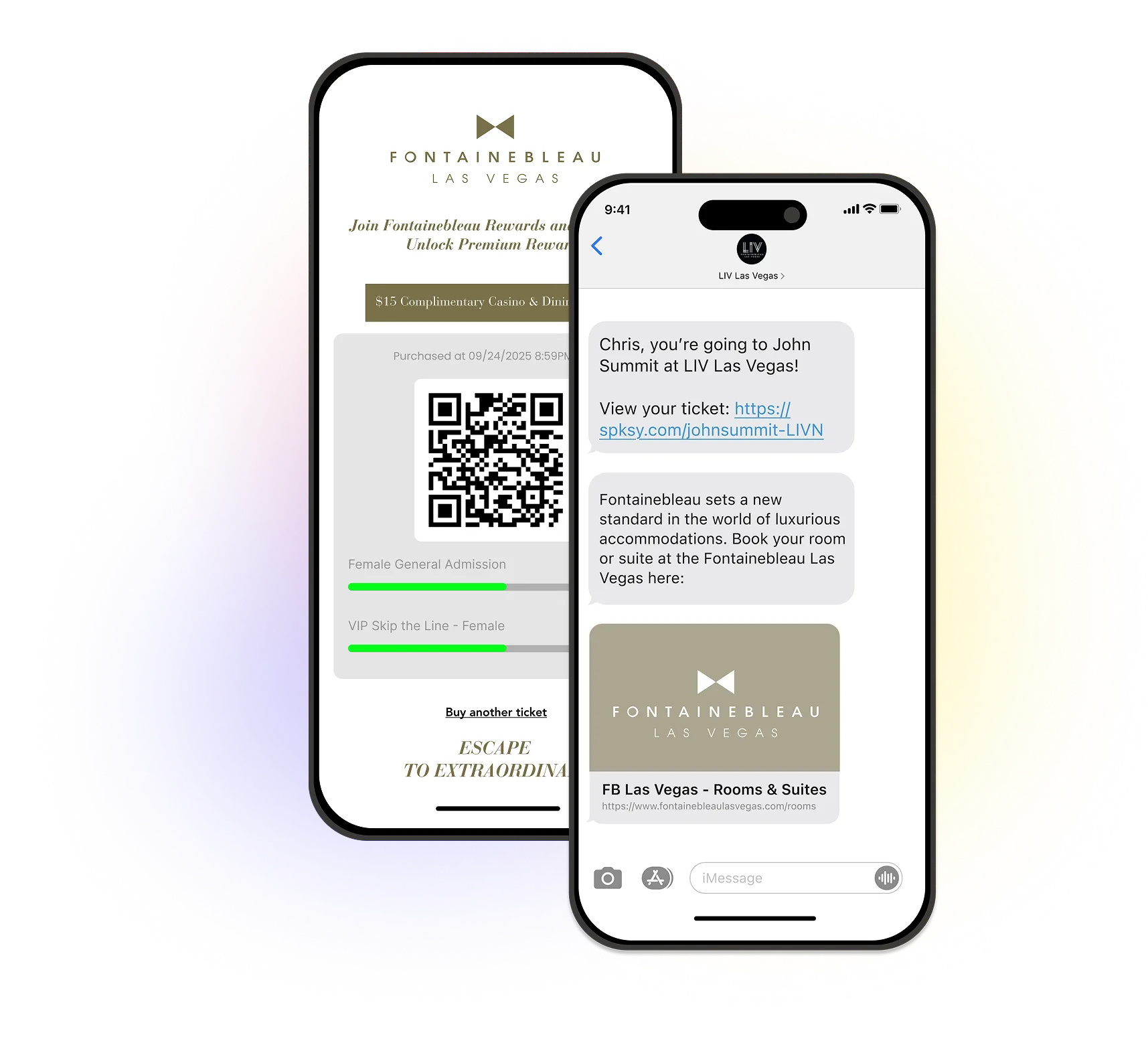 Two smartphones display a Fontainebleau Las Vegas rewards ticket with a QR code and a text message confirming attendance to John Summit at LIV Las Vegas, including a link to Fontainebleau rooms and suites.