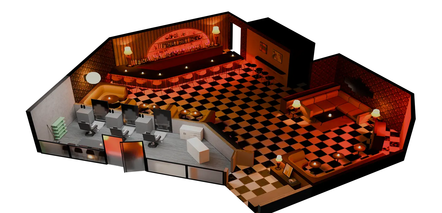 3D isometric view of a retro-style bar with a long counter, stools, checkered floor, lounge seating areas, and a small office space with desks and computers.