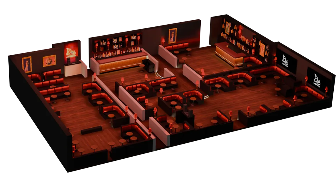 3D layout of a dimly-lit lounge bar with red seating booths, small round tables, lamps, two bars stocked with bottles, and artwork on dark walls.