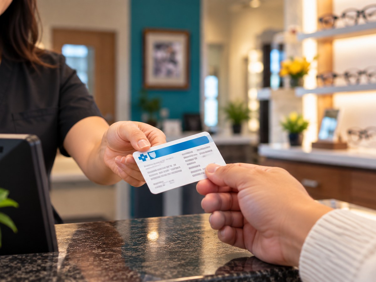 Patient handing an insurance card across the front desk at an optical office
