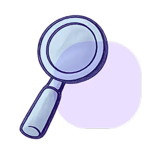 Illustration of a magnifying glass with a purple handle and lens casting a light purple shadow.