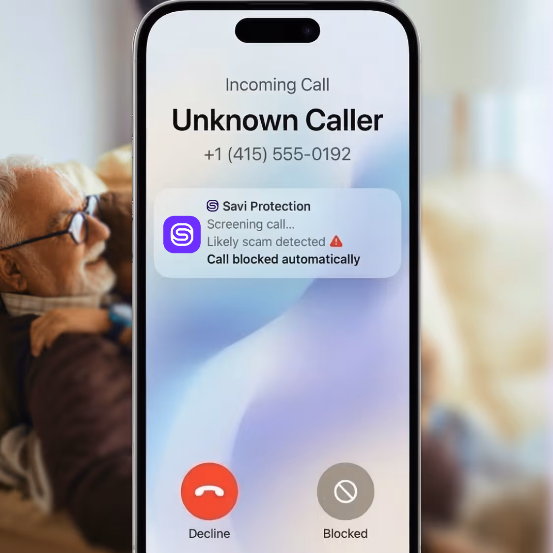 Smartphone screen showing an incoming call from an unknown caller with a Savi Protection alert indicating likely scam detected and call blocked automatically.