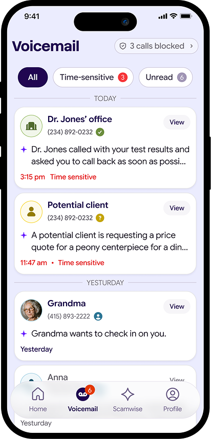 iPhone voicemail screen showing calls from Dr. Jones, a potential client, and Grandma with time-sensitive tags.