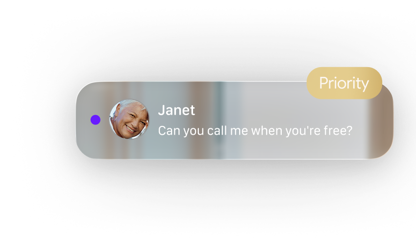 Chat notification from Janet with a smiling profile picture and message, marked as Priority.