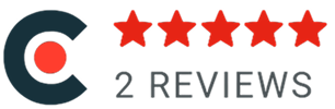 Clutch logo with five red stars and text showing 2 reviews.