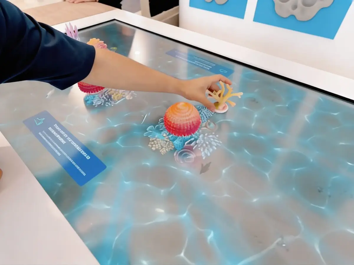 Visitor placing coral on the object recognition table at COP28 for DP World