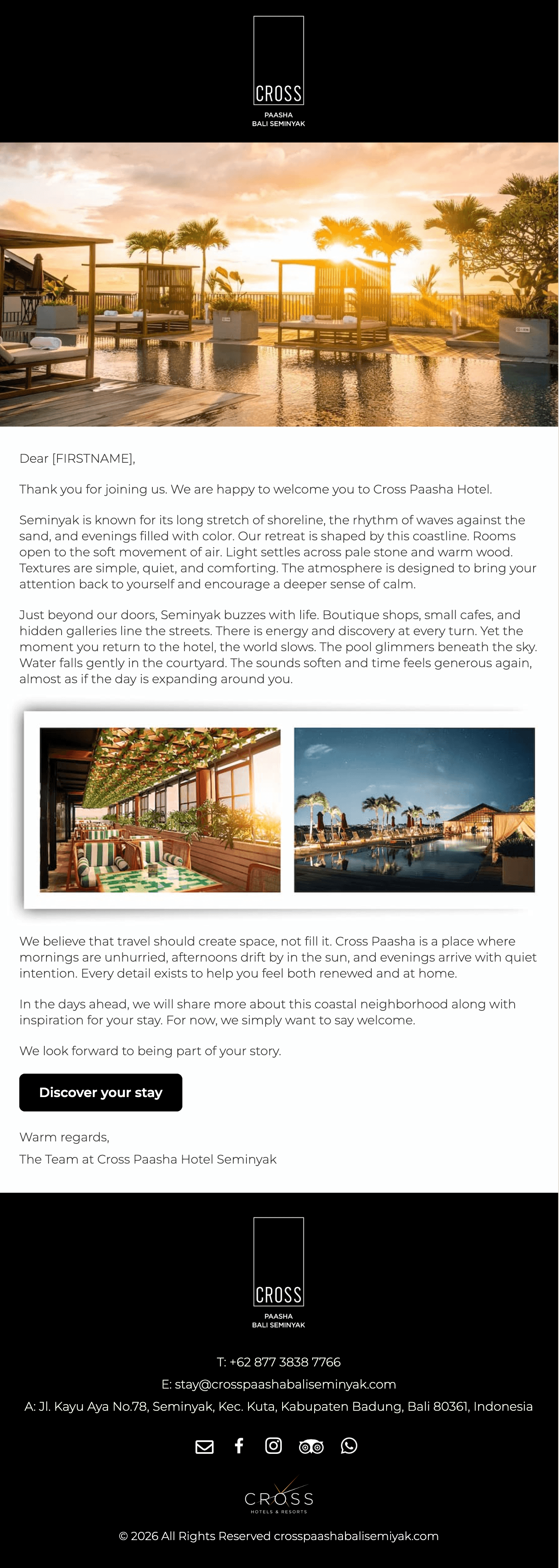 Sunset view of an outdoor pool area at Cross Paasha Bali Seminyak with wooden cabanas, palm trees, and warm lighting reflecting on the water.