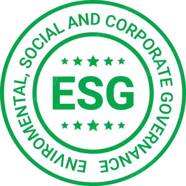Green circular seal with the text 'ESG' in the center surrounded by stars and the words 'Environmental, Social and Corporate Governance' around the edge.
